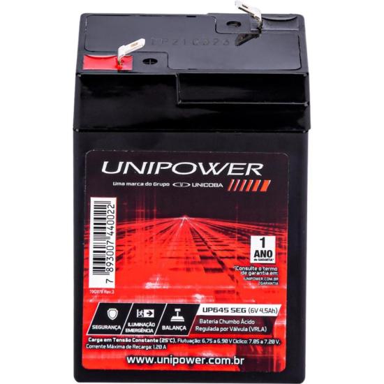 BATERIA ESTACIONÁRIA SELADA 6V 4,5Ah VRLA UP645SEG UNIPOWER