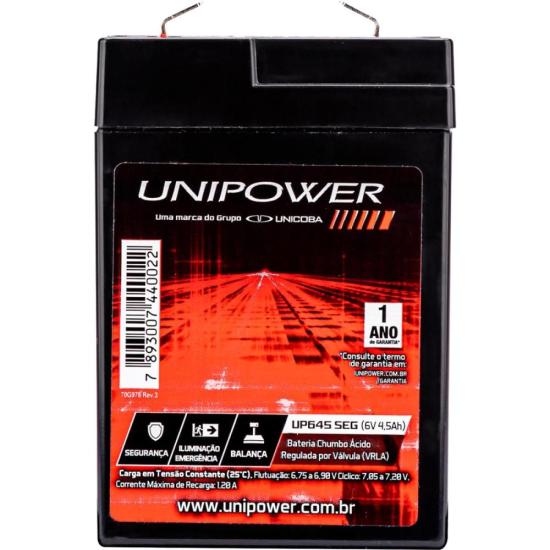 BATERIA ESTACIONÁRIA SELADA 6V 4,5Ah VRLA UP645SEG UNIPOWER