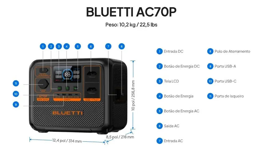 Estação Armazenamento Energia 1000w 864wh Ac70p Bluetti 120v